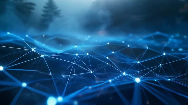 Abstract blue digital network with glowing nodes and connecting lines, symbolizing data flow, connectivity, and futuristic technology visualization in a misty background.