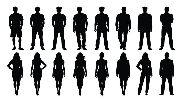Business people silhouettes are arranged in a grid to showcase various corporate roles and professional attire.