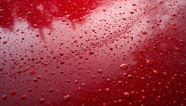 Red surface with water droplets, reflective and glossy, with a blurred background, reflective surface