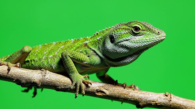 Green Lizard Perched on Branch with Green Screen Background