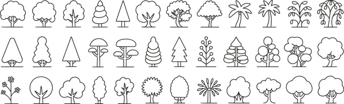 Tree line art vector icon set featuring diverse hand drawn forest plants pine palm and bushes silhouettes on white background