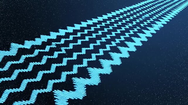 Blue pixelated zig-zag data lines on dark background.