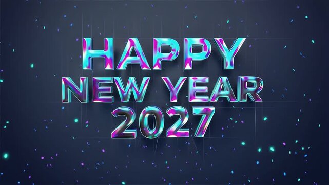 Happy new year 2027 greeting animation with holographic metallic text and blue confetti.