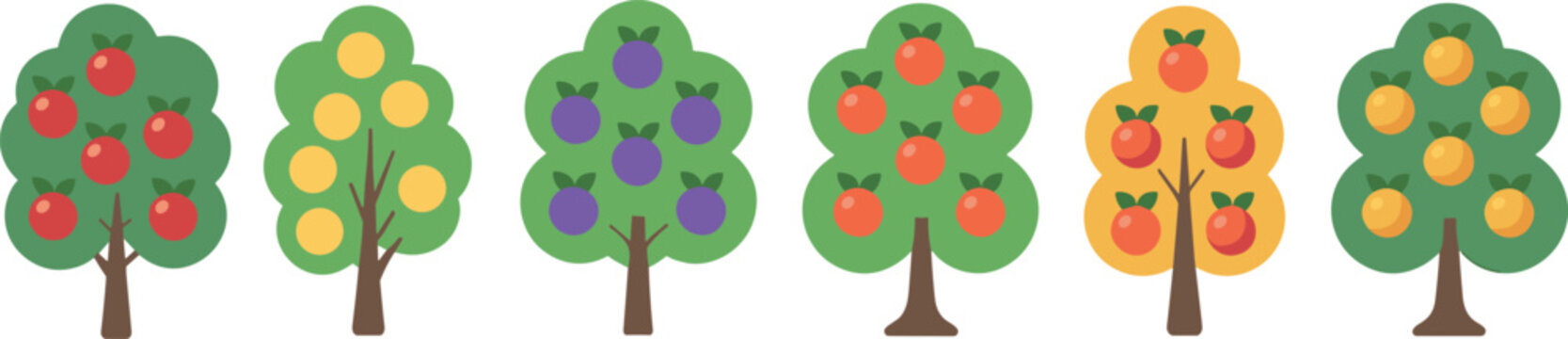 Cute fruit tree vector set featuring flat style illustrations of apple lemon plum orange and peach orchard trees