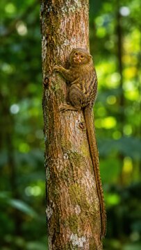 Pygmy Marmoset Clinging to Tree Bark in Rainforest