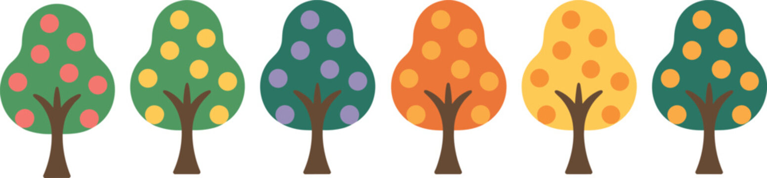 Flat fruit tree vector set with colorful geometric orchard trees including apple orange plum and lemon icon designs