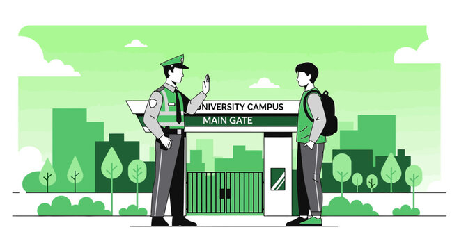 Security guard stops student at university campus main gate entrance check
