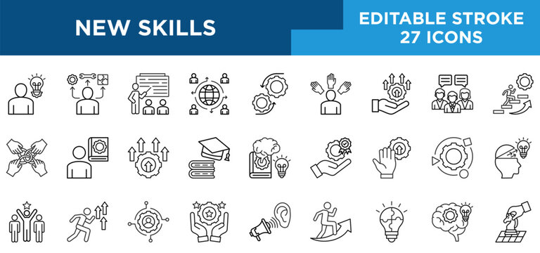 New skills line icons set with skill, exploration, training, learning, improvement, education, and knowledge concepts. Editable stroke vector collection.