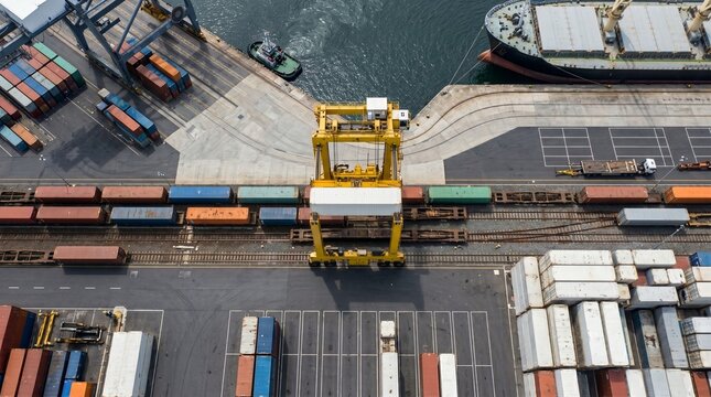 Aerial top-down view of a straddle carrier loading a blank white shipping container onto a railway freight train at a seaport