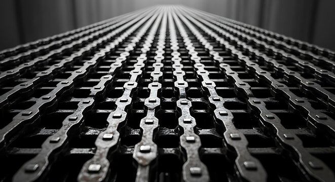 Close up rows of metal bicycle chains creating a repeating geometric pattern in a dark industrial workshop
