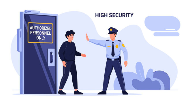 Security Guard stops unauthorized person at restricted area door