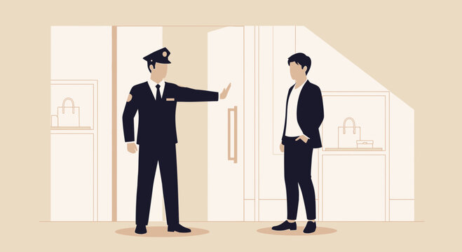 Security Guard Stops Man at Entrance - Barrier, Control, Access Denied