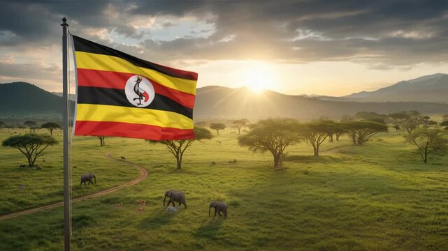 National flag of uganda waving on the wind in front of a beautiful panorama landscape of the nation