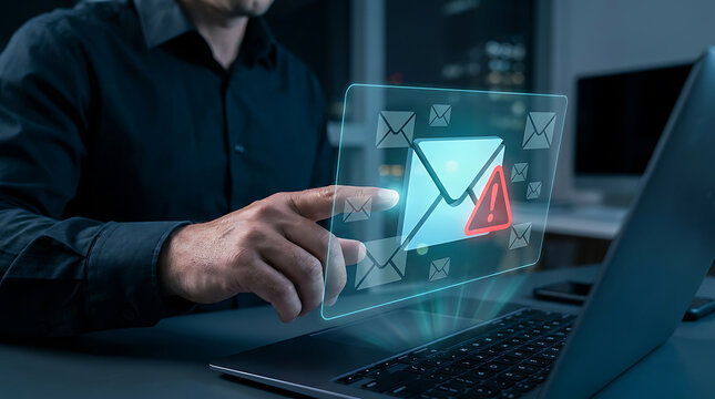 Businessman interacting with a holographic email warning icon on a digital interface representing cybersecurity threats and phishing attacks