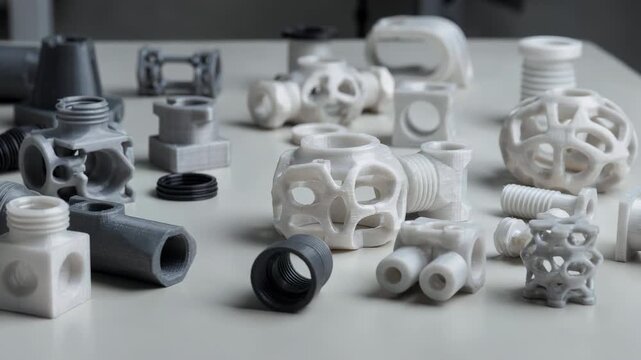 Dynamic medium shot of multiple geometries in 3D printed prototype fittings demonstrating diverse shapes and customization potential through advanced additive manufacturing