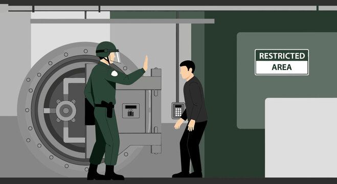 Security Guard Stops Man at Restricted Area Entrance - Illustration