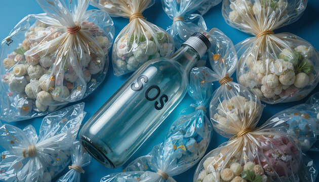 Ozone water bottle, surrounded by plastic bags of popcorn on blue background