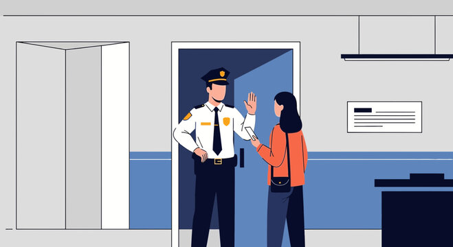 Security Guard Stops Woman at Doorway, No Entry Concept