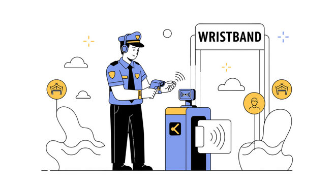 Security Guard Scanning Wristband at Entrance Gate - Vector Illustration