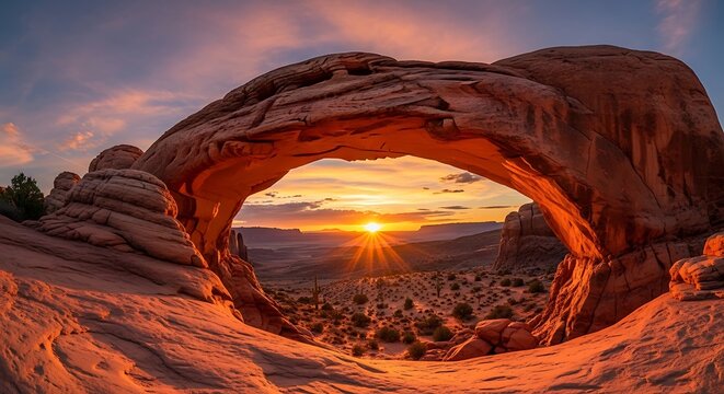 Beautiful sunset view through a large natural red rock arch in the desert during a bright orange evening