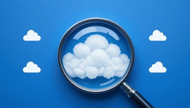 Magnifying glass with a large white cloud inside, surrounded by smaller white clouds on a blue background