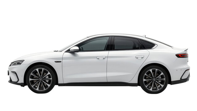 White Sedan Car Side View Isolated Transparent Background