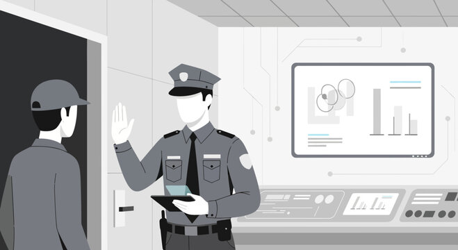 Security guard stopping person at doorway, holding tablet, monitoring screen