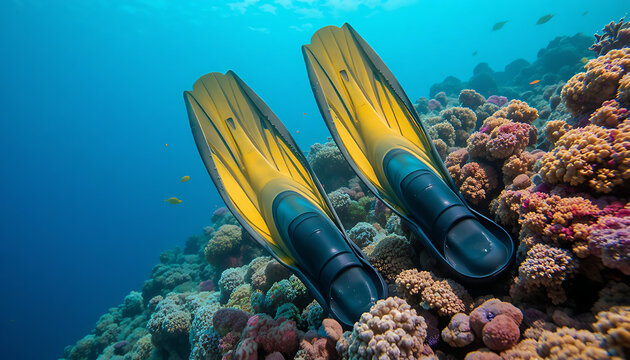Yellow and black flippers on a colorful coral reef, underwater scene scuba diving snorkeling