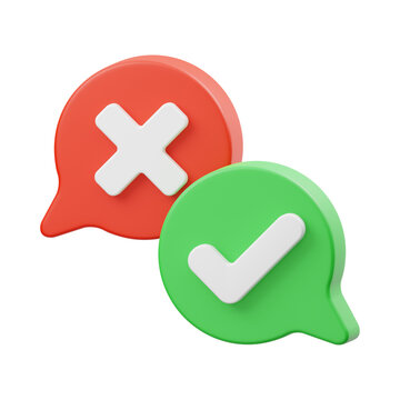 3D Red Wrong X and Green Correct Check Chat Bubble Icons PNG Illustration