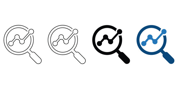 Analytics graph search icon set featuring magnifying glass combined with line chart data trends