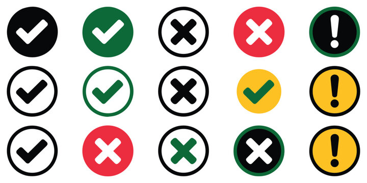 Check mark and cross mark icons in various styles, vector illustration