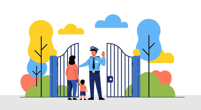 Security guard opens gate for family, welcome, concept illustration