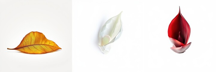 Fototapeta premium Three leaves displayed. Colors varyyellow, white, red. Minimalist presentation, clean backgrounds, botanical study.