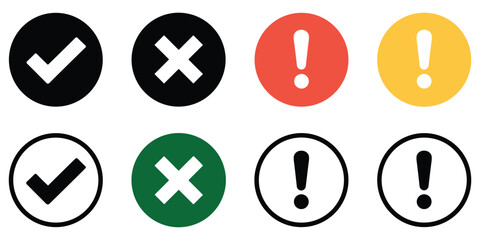 Fototapeta premium Selection of flat check mark and cross mark icons with attention symbols for digital application UI