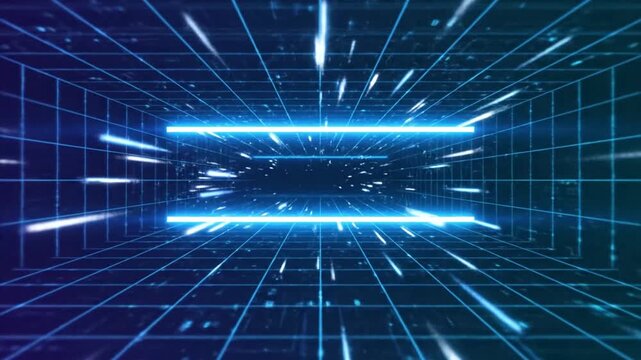 Abstract digital grid tunnel with glowing blue lines and data streaks