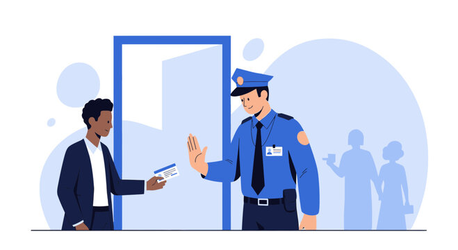 Security Guard Denying Entry with Hand Gesture and ID Card Review