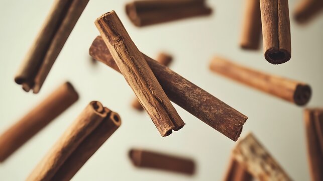 Aromatic cinnamon sticks gracefully float against a soft light background