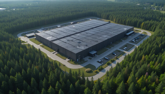 Aerial view of large gray industrial building with solar panels on roof, surrounded by dense forest and parking lot with cars