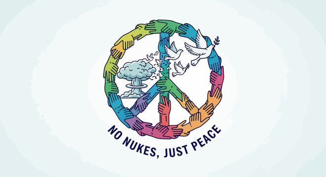 Peace symbol made of colorful hands, doves and atomic bomb.