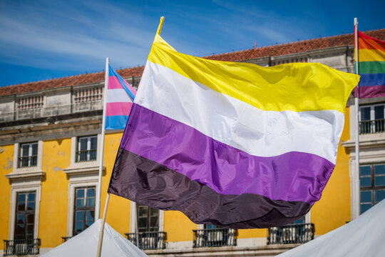 Nonbinary pride flag and nonbinary flag colors wave in the Lisbon, Portugal sky during an LGBT equality celebration with city architecture