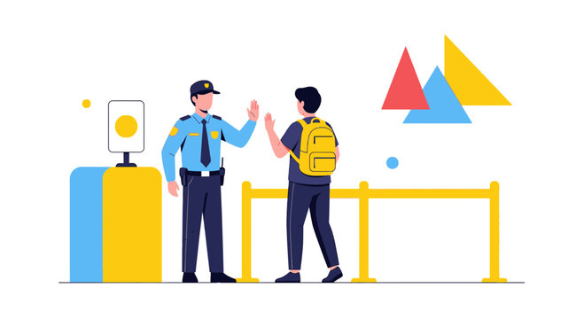 Security guard high five with traveler at airport checkpoint, illustration