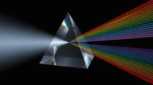 Prism, rainbow light refraction, optical glass prism, spectrum dispersion