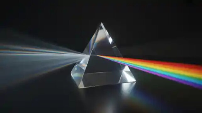 Glass prism, refracted light, rainbow spectrum, optical phenomenon
