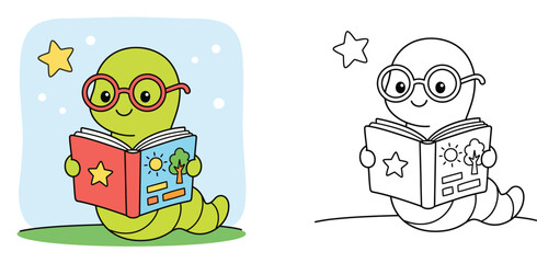 Cute cartoon bookworm character reading a book, colorful illustration and black and white outline vector set for kids coloring page