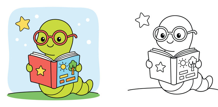Cute cartoon bookworm character reading a book, colorful illustration and black and white outline vector set for kids coloring page