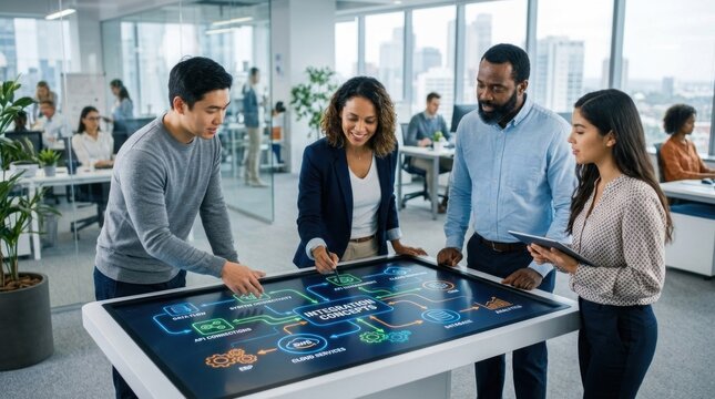 Four people standing around a large, interactive touch screen in an office setting.