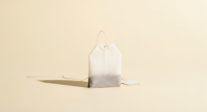 Tea bag on beige background with string and label