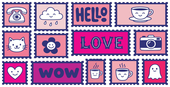 Collection of cute cartoon postage stamps with various icons like a cat, heart, coffee, and camera.