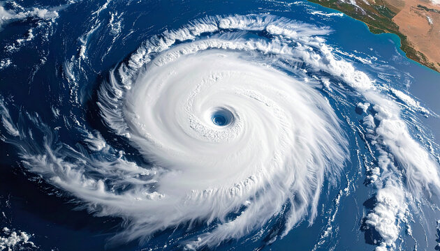 A dramatic hurricane eye surrounded by dense clouds from space, cinematic aerial view.