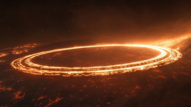Circular Futuristic Halo Structure Over a Volcanic Landscape Glowing in the Dark of Space
